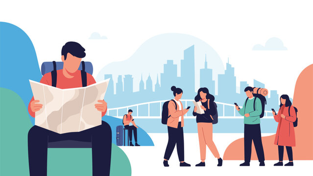 Diverse group of young travelers and backpackers exploring an urban city while using maps and smartphones for navigation.