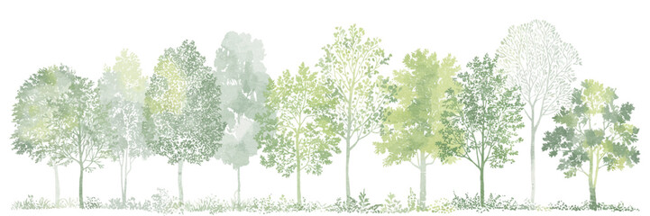 Architectural CAD Tree Line Drawing Set, Minimal Style Wildlife Forest Section Outline Symbols in Side View, Landscape Design Elements, White Stroke and Fill Vector Illustration with Separate Elements © LEECOO