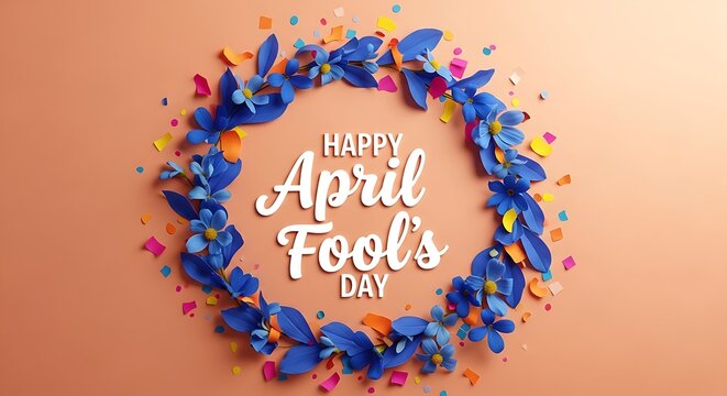 Happy april fool's day prankster greeting with colorful confetti wreath