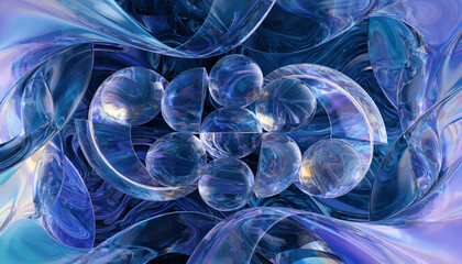 Obraz premium Abstract 3D iridescent glass spheres and curved holographic shapes on gradient blue purple background