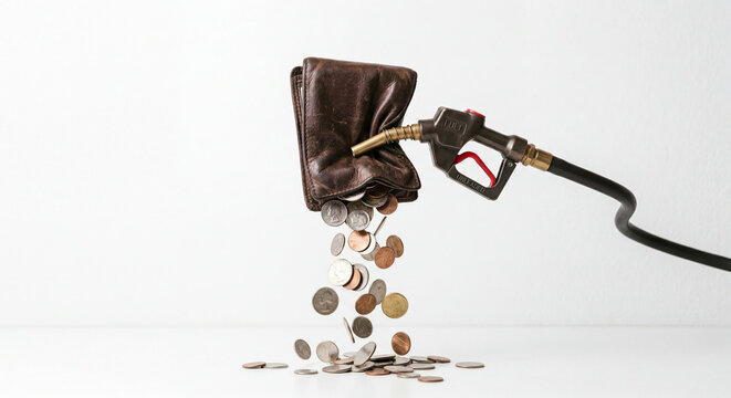 Conceptual image of a gas pump nozzle inserted into a leather wallet with coins falling out. Symbolizing the high cost of fuel, inflation, and the financial drain of rising energy prices on personal s