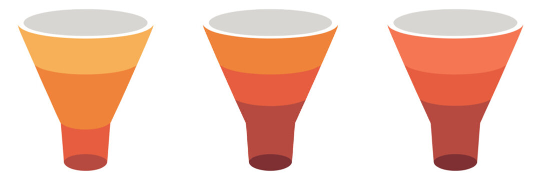 Red yellow funnel infographic, marketing strategy and business process visualization, 2 to 6 part funnel diagram, data conversion and sales workflow illustration, vector