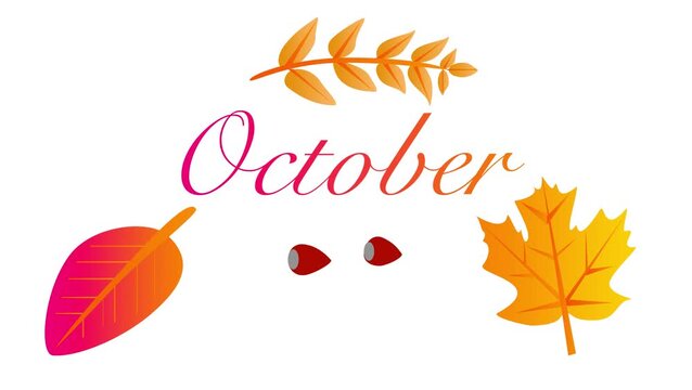 Autumn leaves and nuts with lettering on white background. Greeting card. Animation.