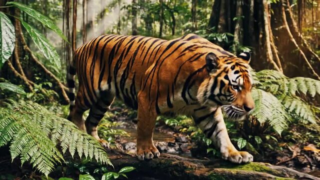 A tiger walking through a dense forest with a stream running through it surrounded by lush greenery and tall trees