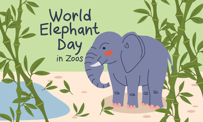 Naklejka premium Flat horizontal banner with cute elephant character, bamboo plants and water pond. World Elephant Day text for holiday celebration, children poster or greeting card. banner graphics.