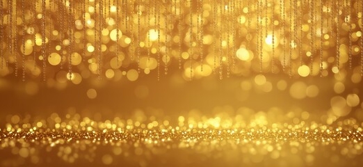 Golden glitter hanging strands with sparkling bokeh lights. Golden glitter background featuring hanging strands and shimmering bokeh with space for text