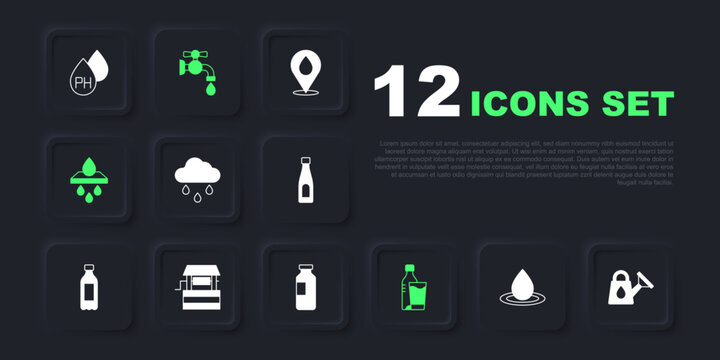 Set Water drop, Watering can, Cloud with rain, Bottle of water glass, filter cartridge, Well, tap and icon. Vector