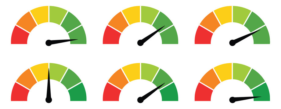 Speedometer gauge meter icons, vector scale performance indicator set, speed dial control dashboard symbols, measurement level UI design, acceleration and performance tracking, automotive instrument 