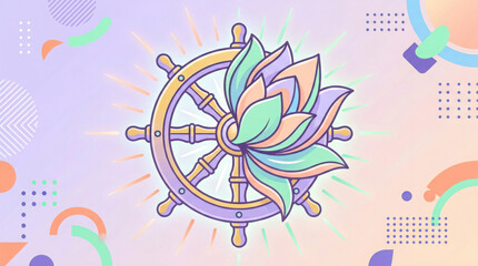 Fototapeta premium Dharma Wheel with Lotus and Geometric Shapes on Pastel Background standard flash