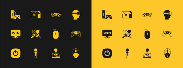 Set Virtual reality glasses, VR controller game, Computer mouse, Joystick for arcade machine, Sword, Game joystick, console with and Chest icon. Vector © Iryna