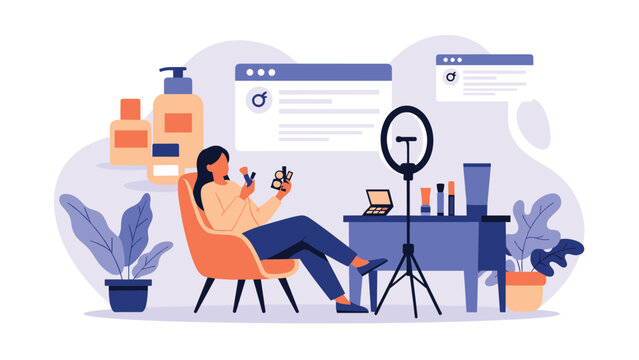 Content creator records a makeup tutorial while using professional ring light and beauty products at her home studio.