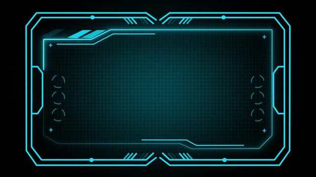 Futuristic interface display with grid overlay and glowing borders in dark space