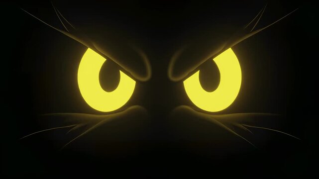 Luminous intense yellow eyes cutting through the absolute darkness background