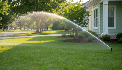 Obraz premium Irrigation & Landscaping Watering Systems. Lawn grass watering with automated sprinkler. Keeping green backyard during dry season