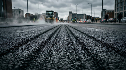 Fototapeta premium Close up of new asphalt road surface with tram tracks and construction vehicle in distance on cloudy urban city street
