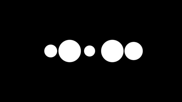 A minimalist featuring a horizontal line of five white circles of varying sizes against a solid black background representing a simple solar system or abstract pattern