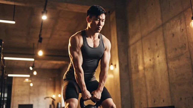 Man performing kettlebell exercise in a modern gym setting.