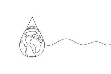 Obraz premium Earth day continuous one line drawing with world map in water drop minimalist vector illustration