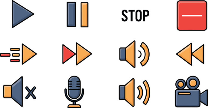 Media Player Control Icons Set with Play Pause Stop Volume Microphone Camera and Audio Video Interface Elements Flat Vector Illustration Collection