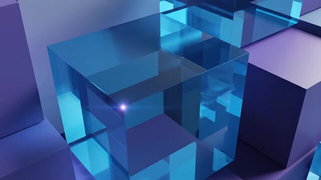 Geometric abstract background featuring a 3D rendering of blue transparent glass cubes and purple matte opaque blocks stacked and overlapping in a modern digital scene.