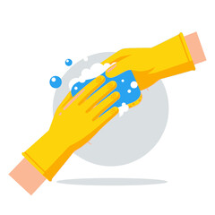 Fototapeta premium Yellow gloved hands cleaning with blue sponge and foam bubbles, hygiene concept