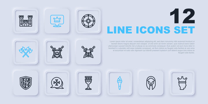 Set line Medieval helmet, King crown, Shield with swords, Torch flame, Crossed medieval axes, Crusade, and goblet icon. Vector