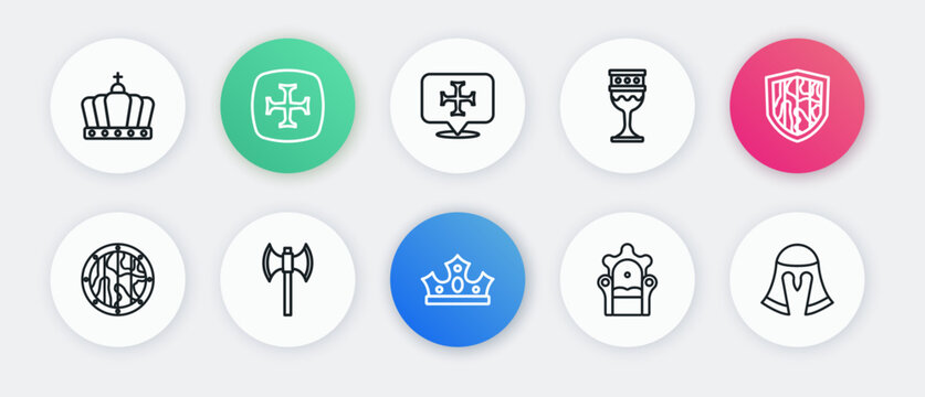 Set line King crown, Shield, Round wooden shield, Medieval throne, goblet, Crusade, helmet and poleaxe icon. Vector