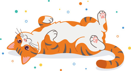 Fototapeta premium An adorable orange cat lies on its back playfully surrounded by colorful dots indoors.