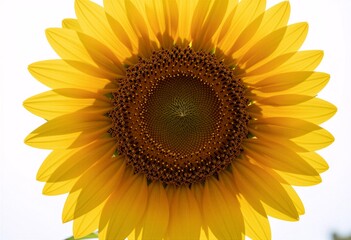 Obraz premium A close-up, top-down view of a vibrant yellow sunflower with its detailed center against a pure white background.