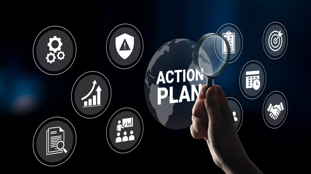 A hand holds a magnifying glass focused on an action plan, surrounded by various business icons, illustrating the power of strategy and analysis for successful growth and development. Ledger