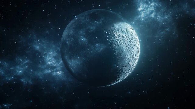 A celestial scene features a moon-like sphere, textured and lit, amidst a starry cosmos