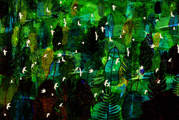 Ilustracja grafika białe ptaki na abstrakcyjnym pastelowym tle. Hand made drawing.   © Monika