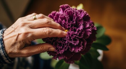 Fototapeta premium Elderly hand touches a ruffled purple flower