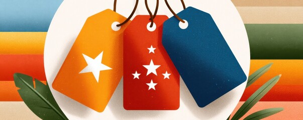 Fototapeta premium Colorful three gift tags in orange red and blue on a white plate with leaves and striped background