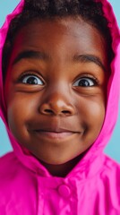 Young Child in a Pink Raincoat, Excited Expression, Close-Up Portrait