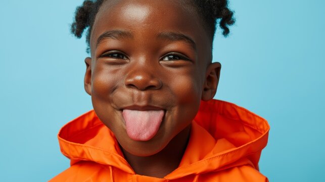 Young Boy with Puckered Lips in Orange Jacket Smiling for Camera.