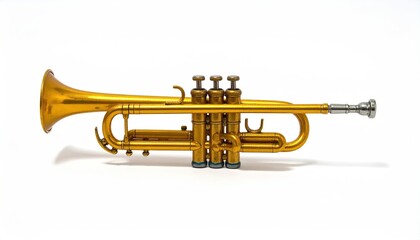 Obraz premium Shiny, golden brass wind instrument on a clean white background, angled right