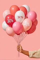 Fototapeta premium Hand holding pink balloons with 30% discount printed for sale promotion and celebration
