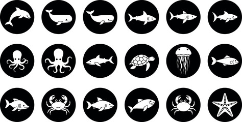 Marine Animals Circle Icons Set with Dolphin Whale Shark Octopus Turtle Jellyfish Crab and Starfish Black Vector Illustration Collection © Imran