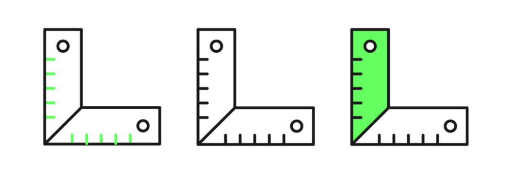 Set line Corner ruler icon isolated on white background. Setsquare, angle ruler, carpentry, measuring utensil, scale. Vector