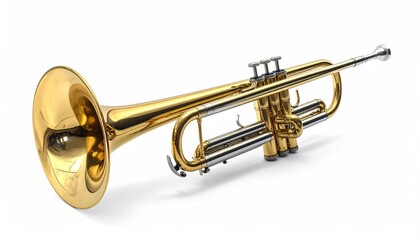 Obraz premium Gleaming brass trumpet angled on white. Detailed valves, bell, and mouthpiece visible