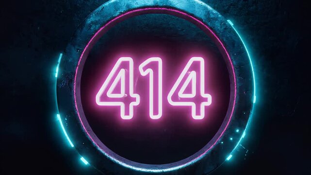 Error 414, Neon-lit circular sign with glowing pink numbers, dark futuristic background with blue neon lights, symbolizing website or network issues representing technology and errors.