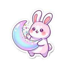 Fototapeta premium Kawaii bunny hugging magic crescent moon