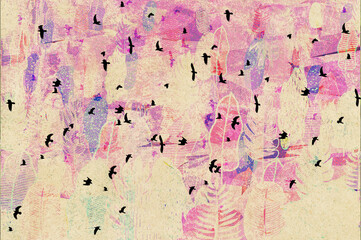 Ilustracja grafika czarne ptaki na abstrakcyjnym pastelowym tle. Hand made drawing. © Monika