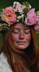 Naklejka premium Young caucasian female with freckled face and flower crown in serene nature setting