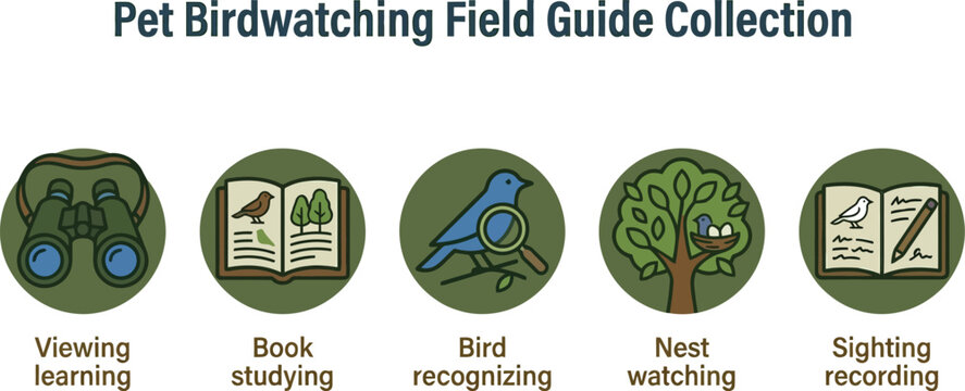 Five circular icons depict different activities involved in a pet birdwatching field guide collection, including viewing and recording sightings.