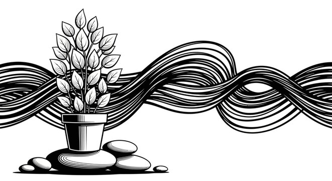 Black and white illustration of plant with stones and wavy lines.
