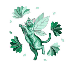 Fototapeta premium Leafy fairy cat mid flight