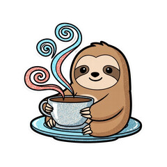 Fototapeta premium Adorable sloth hugging a steaming coffee cup