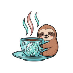 Fototapeta premium Cozy sloth hugging a tea cup
